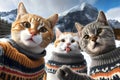 Cats wearing sweaters make selfie, funny pets on vacation in mountains, generative AI