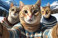 Cats wearing sweaters make selfie, funny pets on vacation in mountains, generative AI