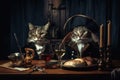 Cats wearing vintage outfit sitting in old tavern, funny pets, generative AI