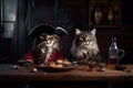 Cats wearing vintage outfit sitting in old tavern, funny pets, generative AI Royalty Free Stock Photo