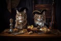 Cats wearing vintage outfit sitting in old tavern, funny pets, generative AI