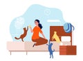 Cats with woman. Young girl with pets in bedroom. Home animals, kittens and female vector illustration