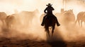 Cattle drivers. A man in a cowboy hat while driving a herd of horses. Royalty Free Stock Photo