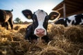 Cattle Farm Scene: Cow Grazing on Hay. AI Royalty Free Stock Photo