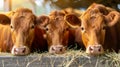 Cattle feeding on hay in cowshed at a dairy farm, agricultural scene with cows grazing indoors