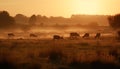 Cattle grazing in tranquil meadow at sunset generated by AI Royalty Free Stock Photo