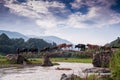 A cattle teams acrossing bridge Royalty Free Stock Photo