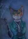 Catwoman, with green eyes, glamorous clothes, long pearl beads, and a cigar