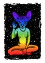 Catwoman rainbow color with sphinx cat head sits in lotus position and shows with hand a sign ok. Background of the