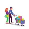 Caucasian adult couple walking with shopping cart full of purchases. Happy smiling man and woman in shop. Flat style stock vector