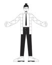 Caucasian adult employee standing with open arms black and white 2D line cartoon character