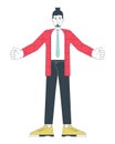 Caucasian adult employee standing with open arms 2D linear cartoon character