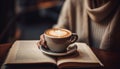 Caucasian adult holding frothy cappuccino, reading book generated by AI