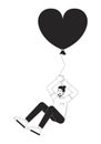 Caucasian adult man flying with balloon in hands black and white 2D line cartoon character