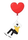 Caucasian adult man flying with balloon in hands 2D linear cartoon character