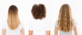 Caucasian and afro woman hair type set back view isolated on white background. African curly hairstyle, ombre and wavy blonde hair Royalty Free Stock Photo