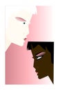 Caucasian albino girl and young African American girl full face and profile portrait on light pink background