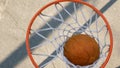 Caucasian athletic male shooting ball through basket, professional player Royalty Free Stock Photo