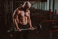 Caucasian bald topless man doing an exercise with a barbell in the gym. Bicep curls with weights.