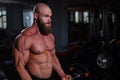 Caucasian bald topless man doing an exercise with a barbell in the gym. Bicep curls with weights.