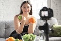 Caucasian blogger woman make vlog how to diet and lost weight. Lifestyle, influencer women, healthy concept.