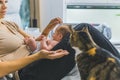 Caucasian blond woman sitting in bed with newborn baby in her lap and a curious calico pet cat. Protective animal Royalty Free Stock Photo