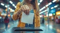 Caucasian blonde woman putting a ballot into a voting box at a polling place. Female voter. Concept of democracy Royalty Free Stock Photo