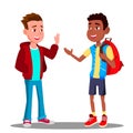 Caucasian Boy And Black Boy Greet Each Other, Friendship Vector. Multiracial. European And Afro American. Illustration Royalty Free Stock Photo