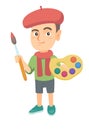 Boy dressed as an artist holding brush and paints. Royalty Free Stock Photo