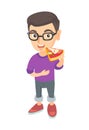 Caucasian boy in glasses eating tasty pizza. Royalty Free Stock Photo