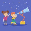 Caucasian boy looking at stars through a telescope Royalty Free Stock Photo