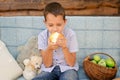 Caucasian boy of nine year old sits on a garden swing and eat green apples. Happy smiling child, carefree childhood in the