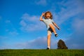 Caucasian boy in a park running and smiling. Happy kid laughing. Emotion face joy child. Joyful, funny spring, summer Royalty Free Stock Photo