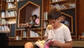 Boy reading a book while group of smart students sitting at library. Erudition. Royalty Free Stock Photo