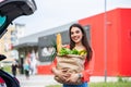 Caucasian brunette going holding paper bags with food products. Young woman putting package with groceries and vegetables into car Royalty Free Stock Photo