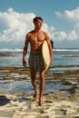 Caucasian brunette with tan skin male surfer coming out of the ocean