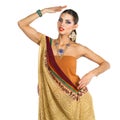 Caucasian brunette woman in brown indian national dress sari Royalty Free Stock Photo