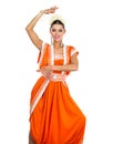 Caucasian brunette woman in orange indian national dress sari Royalty Free Stock Photo