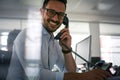 Caucasian business man having conversation on Landline phone. Bu Royalty Free Stock Photo