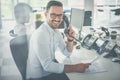 Caucasian business man having conversation on Landline phone. Royalty Free Stock Photo