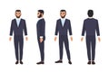 Caucasian business man or male office worker with beard dressed in smart suit or formal clothing. Flat cartoon character Royalty Free Stock Photo