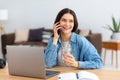 businesswoman or freelancer talking on mobile phone sitting in home office. Successful female entrepreneur working Royalty Free Stock Photo