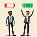 Caucasian Businessman with green full battery and african american sad businessman with red low battery