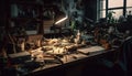 Caucasian carpenter expertly crafting wooden table with metal equipment indoors generated by AI