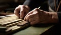 Caucasian carpenter hand crafting wood plank with work tool generated by AI