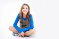 Caucasian child girl portrait.Smiling teenager,schoolgirl on white background Royalty Free Stock Photo