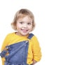 Caucasian child portrait smiling face isolated on white.Little happy girl on empty dspace background