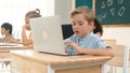 Caucasian child programing software system and learning about coding. Pedagogy. Royalty Free Stock Photo