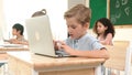 Caucasian child programing software system and learning about coding. Pedagogy. Royalty Free Stock Photo