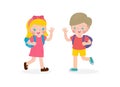 Caucasian children with the backpack saying goodbye to schoolmates Cartoon characters Boy and Girl school kids going to school Royalty Free Stock Photo